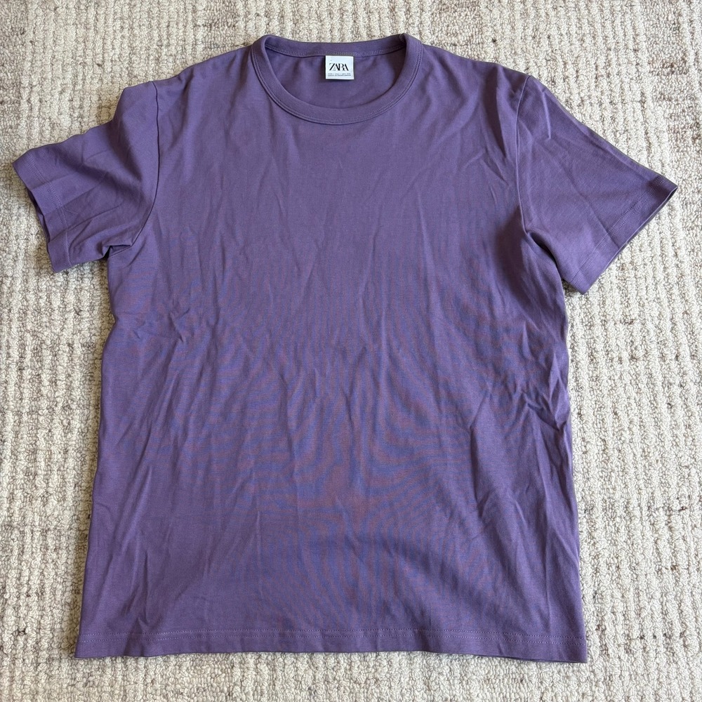 Zara Mens Purple Short Sleeve Crew Neck Cotton T-Shirt Size Large Classic Basic